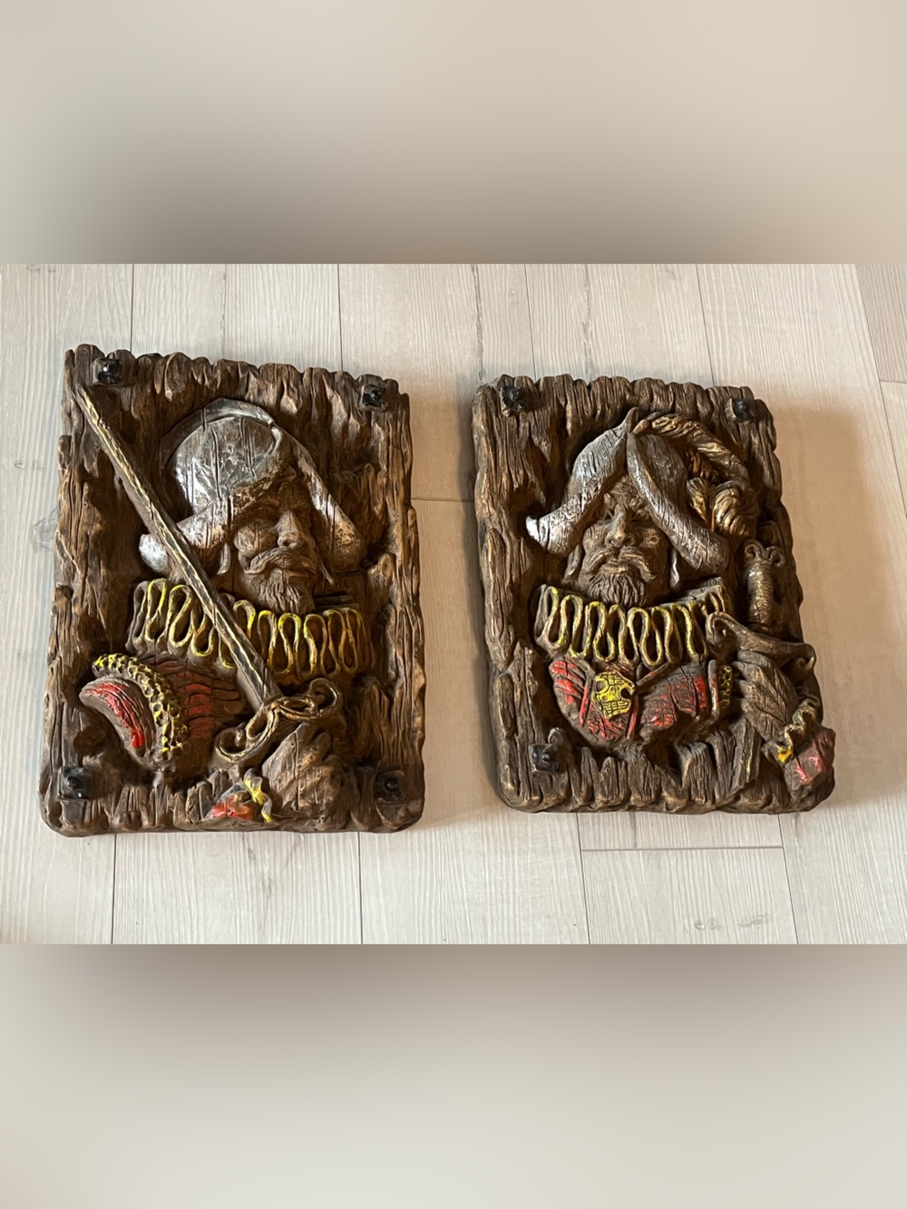 MCM faux wood Wall Plaques with Red and Gold Accents - Home Wall Decor